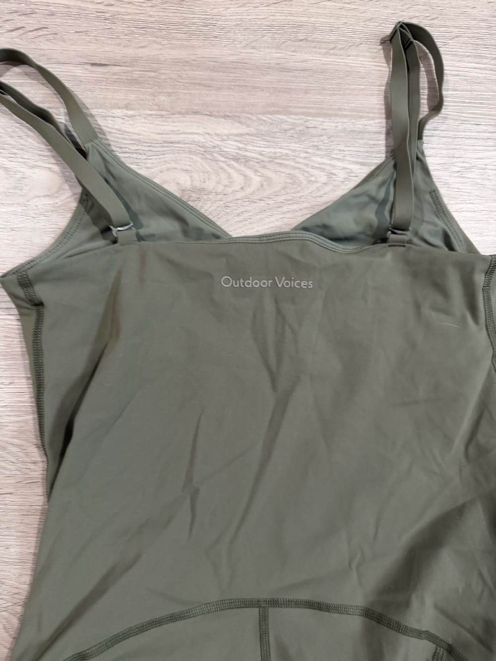 Outdoor Voices Super Form 5” Olive Green Sleeveless Romper with Spaghetti Straps - Picture 4 of 5